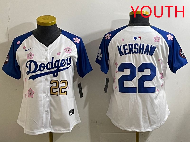 Youth Los Angeles Dodgers #22 Kershaw White Blue Sakura Edition 2025 Nike MLB Jersey style 3->youth mlb jersey->Youth Jersey